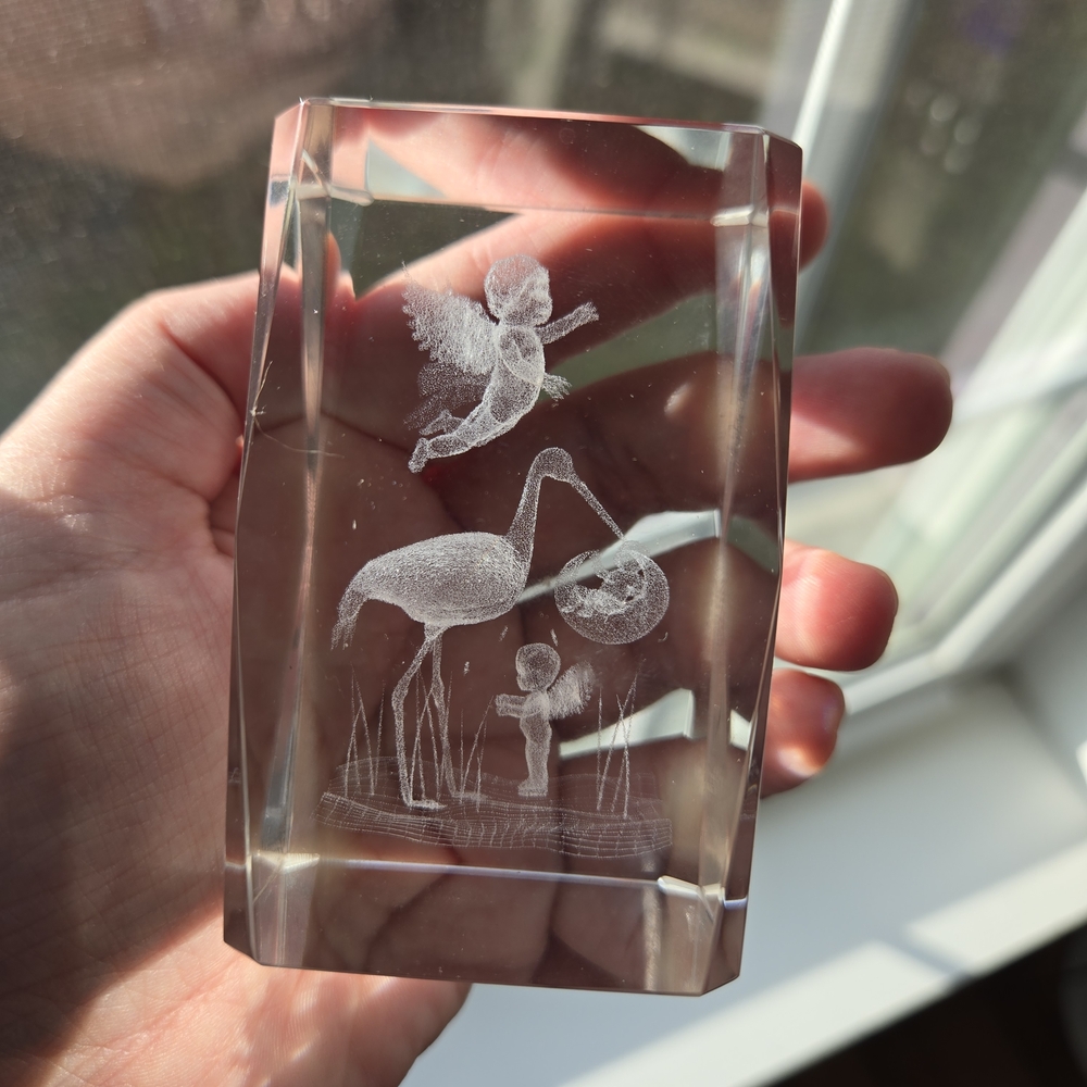 3D Laser Etched Glass Paperweight Cube‎ Art Angel Baby & Stork Crystal Beautiful